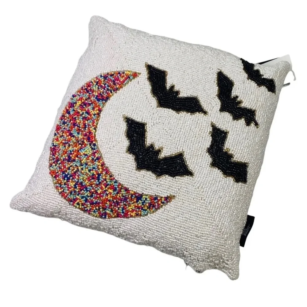 Noir Night Halloween Beaded Throw Pillow Black Bat Colorful Crescent Moo…